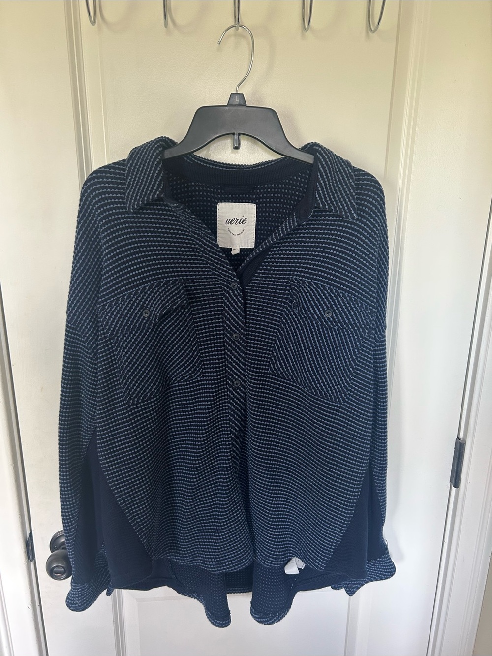 aerie Navy and White Striped Button-Up sweater